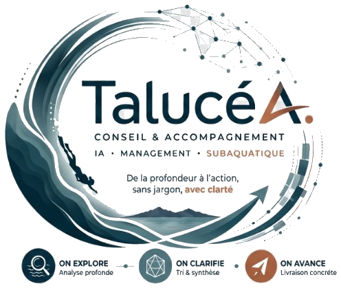 Talucéa — De la profondeur à l'action. Méthode en trois temps : on explore (analyse profonde), on clarifie (tri & synthèse), on avance (livraison concrète).